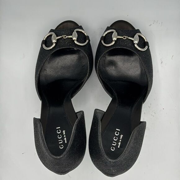 GUCCI Black Glitter Stardust Nappa Charlotte Nero Open Toe Pumps Size 38/ US 8 - Picture 5 of 12